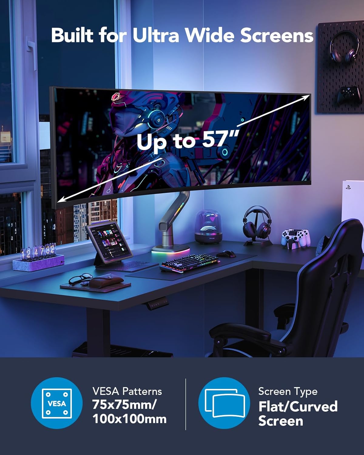 HUANUO RGB Monitor Arm for Ultrawide Screens up to 57″, Heavy-Duty Single Mount Holds 44 lbs, Fully Adjustable Gaming Monitor Arm with C-Clamp & Grommet Base, Max VESA 100 x 100mm