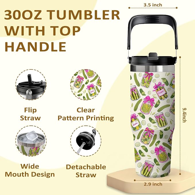 Pickle Tumbler 30oz - Pickle Themed Gifts for Adults, Stainless Steel Insulated Cup with Handle, Novelty Water Bottle for Pickles Lovers, Funny Kitchen Theme Present