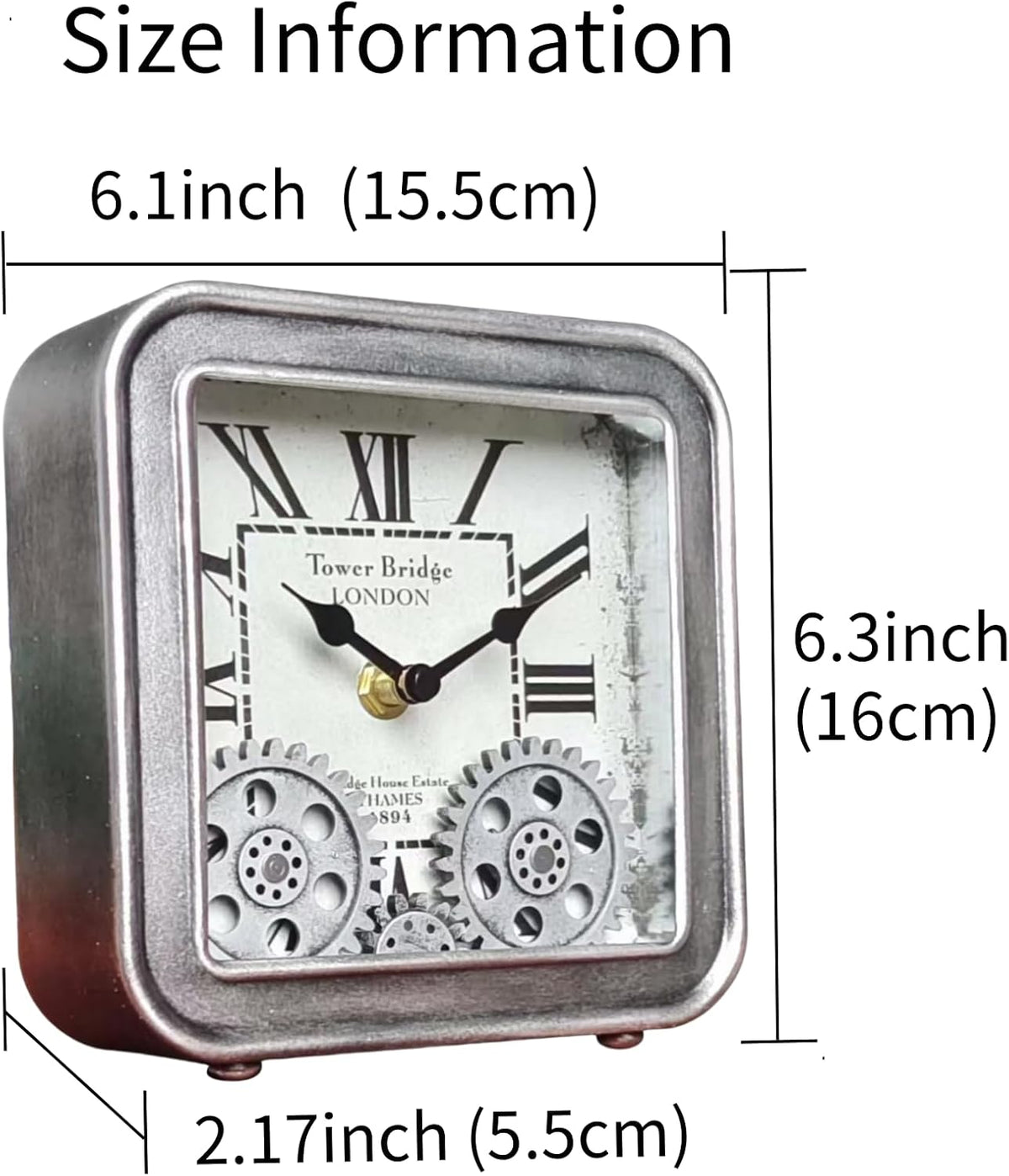 Desk Clock Vintage Metal Table Clocks with Moving Gears, Silent Retro Industrial Steampunk Quartz Small 6 inch End Table Clock for Home Office Living Room Decor Battery Operated