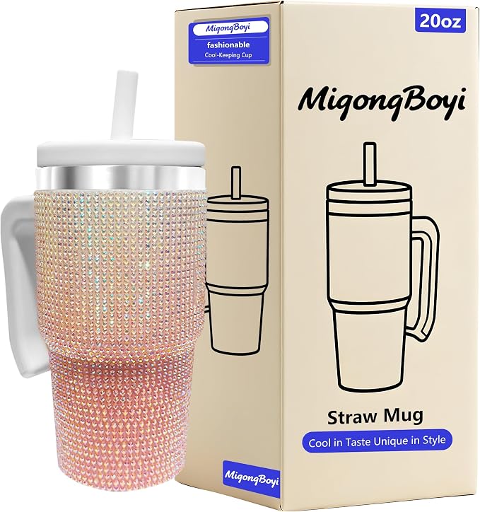 20-OZ Insulated Water Bottle,Insulated Stainless Steel Tumbler,Reusable Cold Drink Thermos,BPA-Free, Double-Wall Stainless Steel Water Bottle (Pink White Gradient-Diamond, 20, Fluid Ounces)