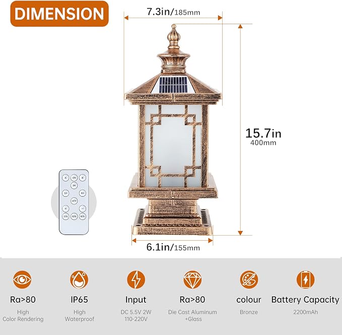 LED Solar Post Light Outdoor, Aluminum Fence Post Cap Lamp Remote Control