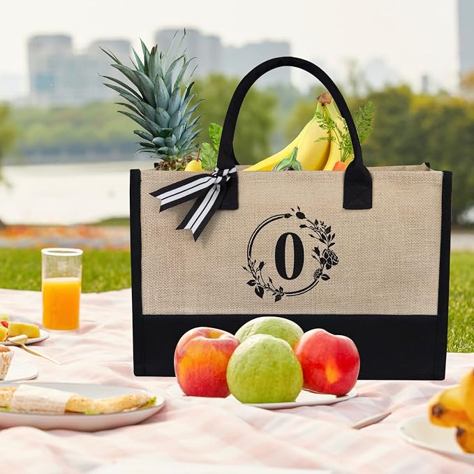TOPDesign Personalized Initial Jute/Canvas Beach Bag, Monogrammed Gift Tote Bag