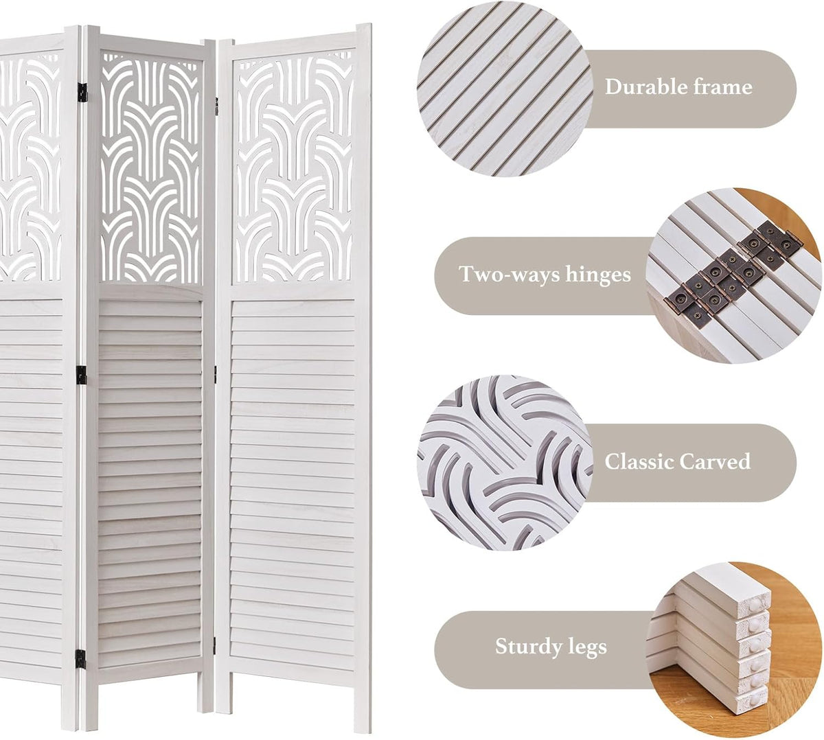 Folding Room Divider, 66.9 Inch 6 Panels Wood Carved Privacy Screens, Free Assembled Freestanding Portable Separation Wall for Home Office Restaurant Bedroom (White)