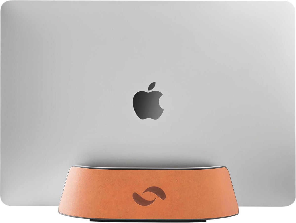 HumanCentric Vertical Laptop Stand in Vegan Cognac Leather, Upright Adjustable Holder and Dock, Laptop Vertical Stand Fits MacBook Pro and Other Laptops .5" to 1.5", Clamshell Compatible