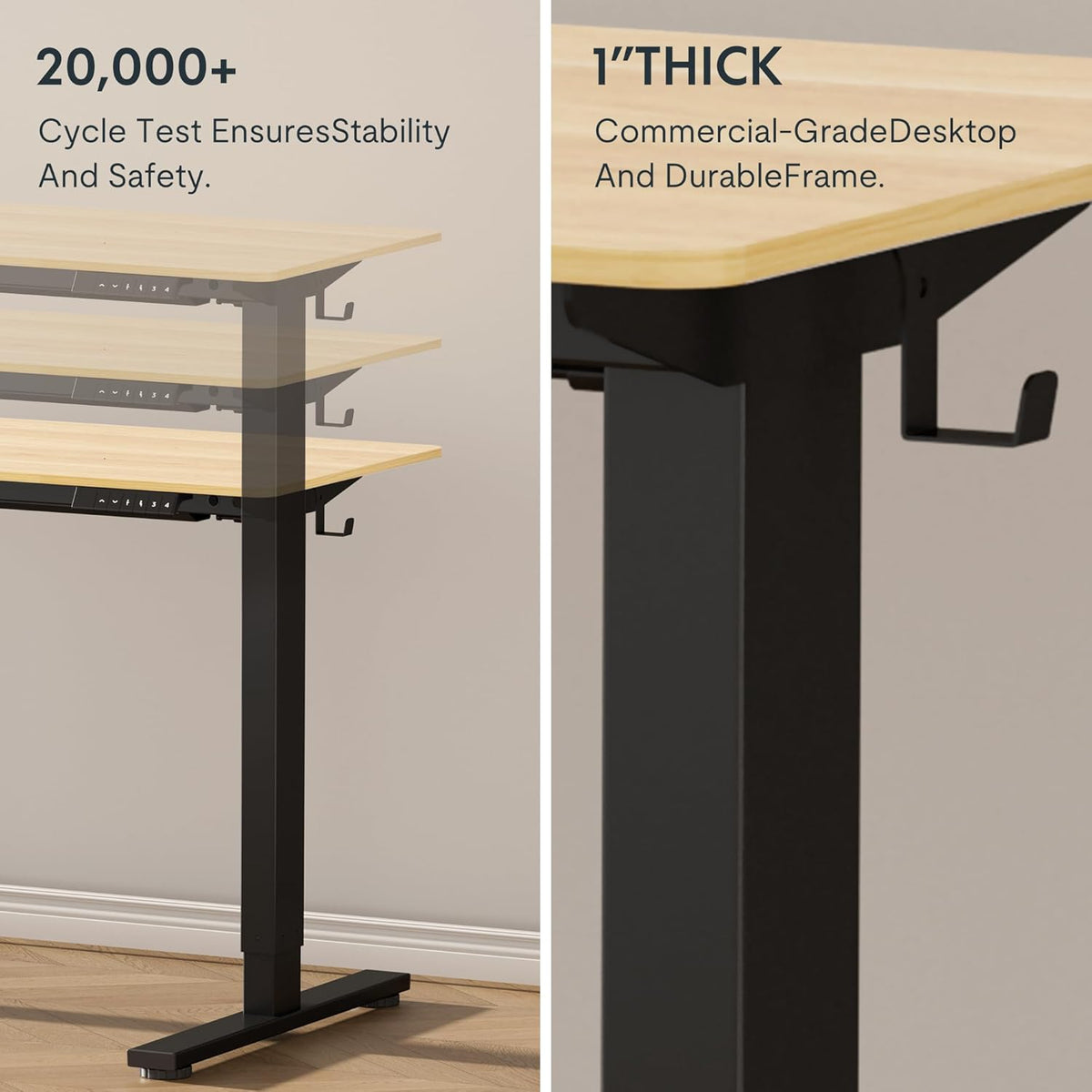 FLEXISPOT EN1 Whole-Piece Standing Desk, 60"x24" Electric Sit Stand Desk for Home Office (Black Frame + Maple Top, 2 Packages)