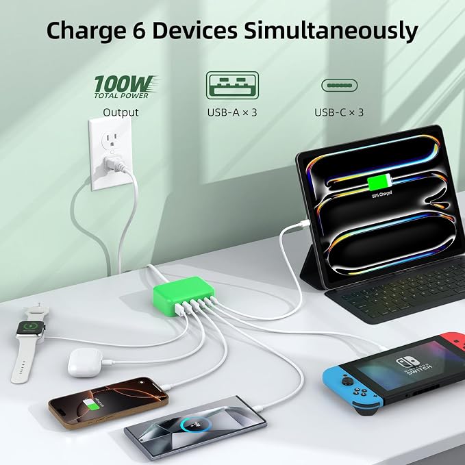 USB C Charger Block, 100W GaN 6 Port PD USB C QC USB A Wall Charger Adapter