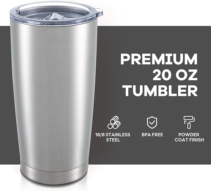 20 oz Tumbler with Lid Stainless Steel Double Wall Vacuum Insulated Tumblers Powder Coated Cups Travel Mug Keep Drinks Cold and Hot, Stainless Steel