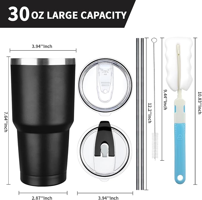 30 oz Tumbler with Lids and Straws, Stainless Steel Insulated Coffee Tumbler, Double Wall Vacuum Insulated Travel Mug Cup, Leakproof Thermal Coffee Cup for Hot and Cold Drinks (Black)