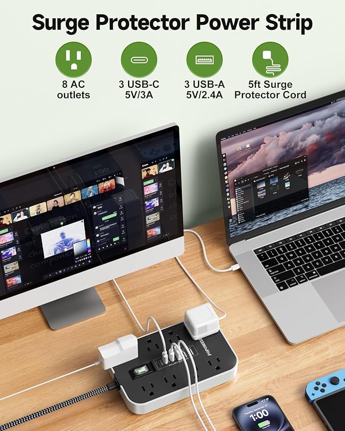 Power Strip Surge Protector- 5FT Flat Plug Extension Cord, 8 AC Outlet& 6 USB