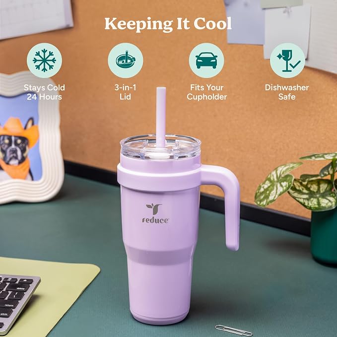 REDUCE 24 oz Stainless Steel Tumbler with Handle - Dual-Wall Vacuum Insulated Travel Mug, Sweat-Proof Lid & Reusable Straw - Keeps Drinks Cold for 24 Hrs, Fits Cupholders, Dishwasher Safe-Pink Cotton