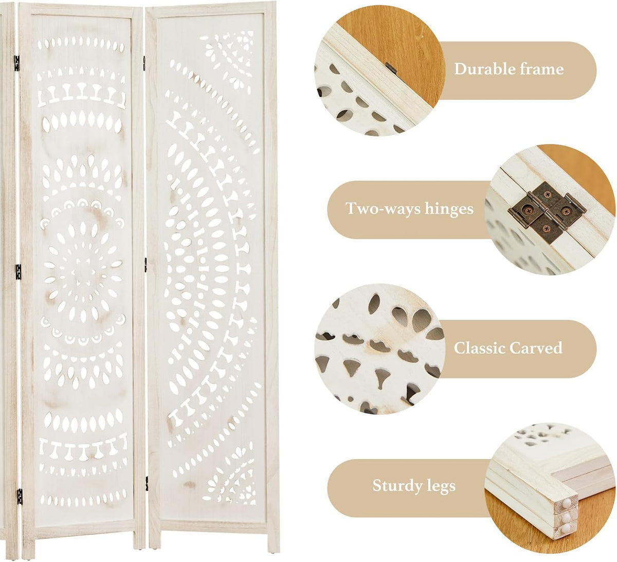66.9Inch Folding Room Divider, 3 Panels Wood Carved Privacy Screens, Free Assembled Freestanding Partition for Home Office Restaurant Bedroom (White-Washed)