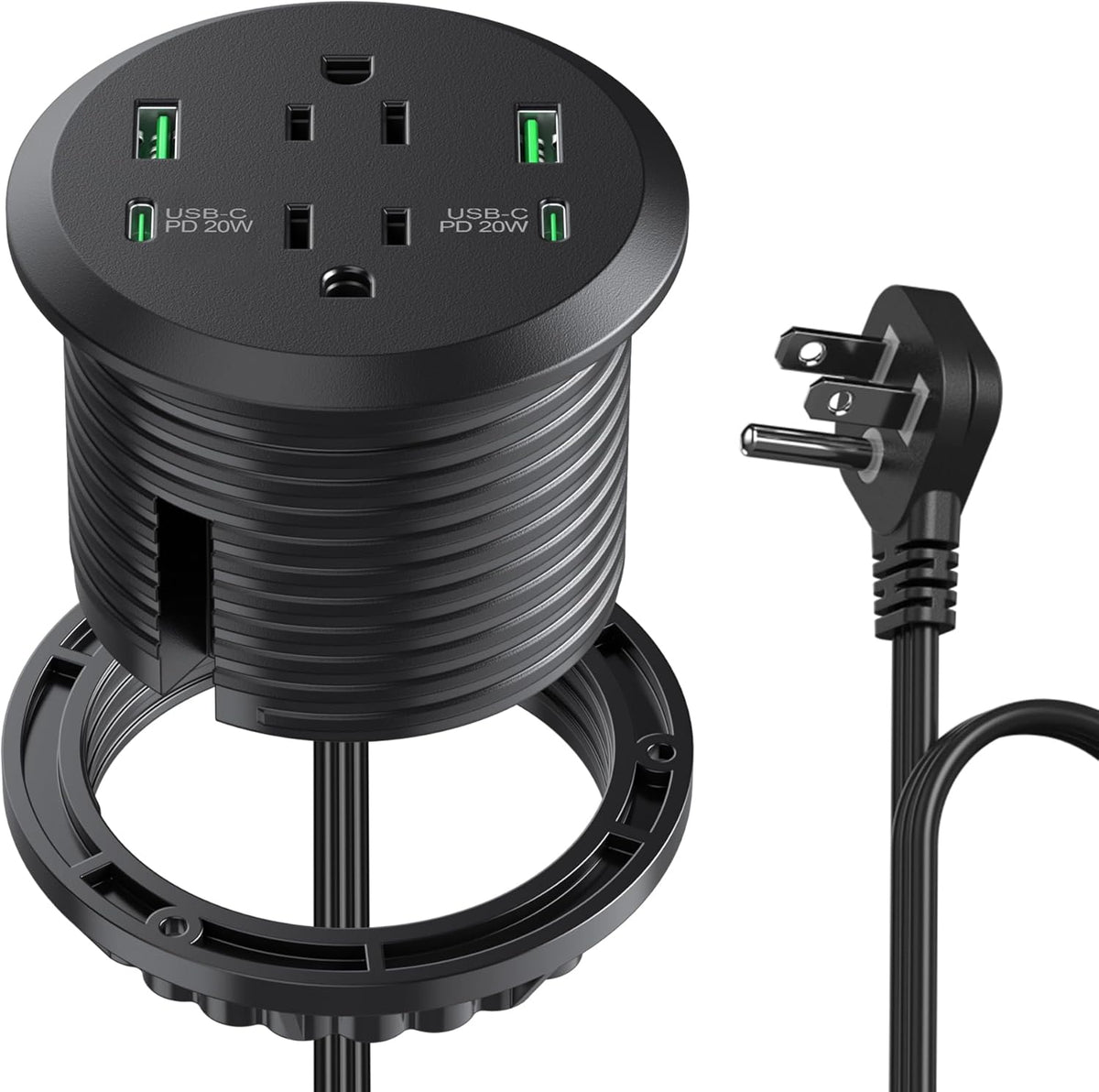 3 inch Desktop Power Grommet with PD 20W USB C,Furniture Recessed Power Strip,2 Outlets,4 USB Ports,40W Total,Flush-Mount for Desktop, Workspace Essential Desk Outlet (Black, 3 FT Cable)