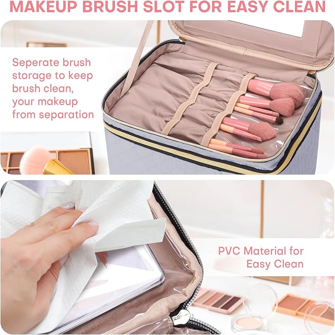 Large Makeup Bag with Mirror Double Layer Travel Make Up Organizer Case
