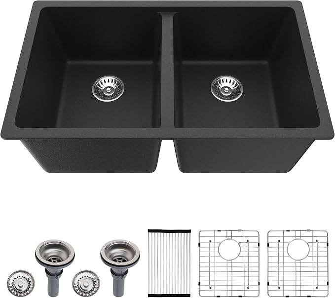 Dcolora 33 inch Quartz Matte Black Granite Composite Double Bowl Undermount
