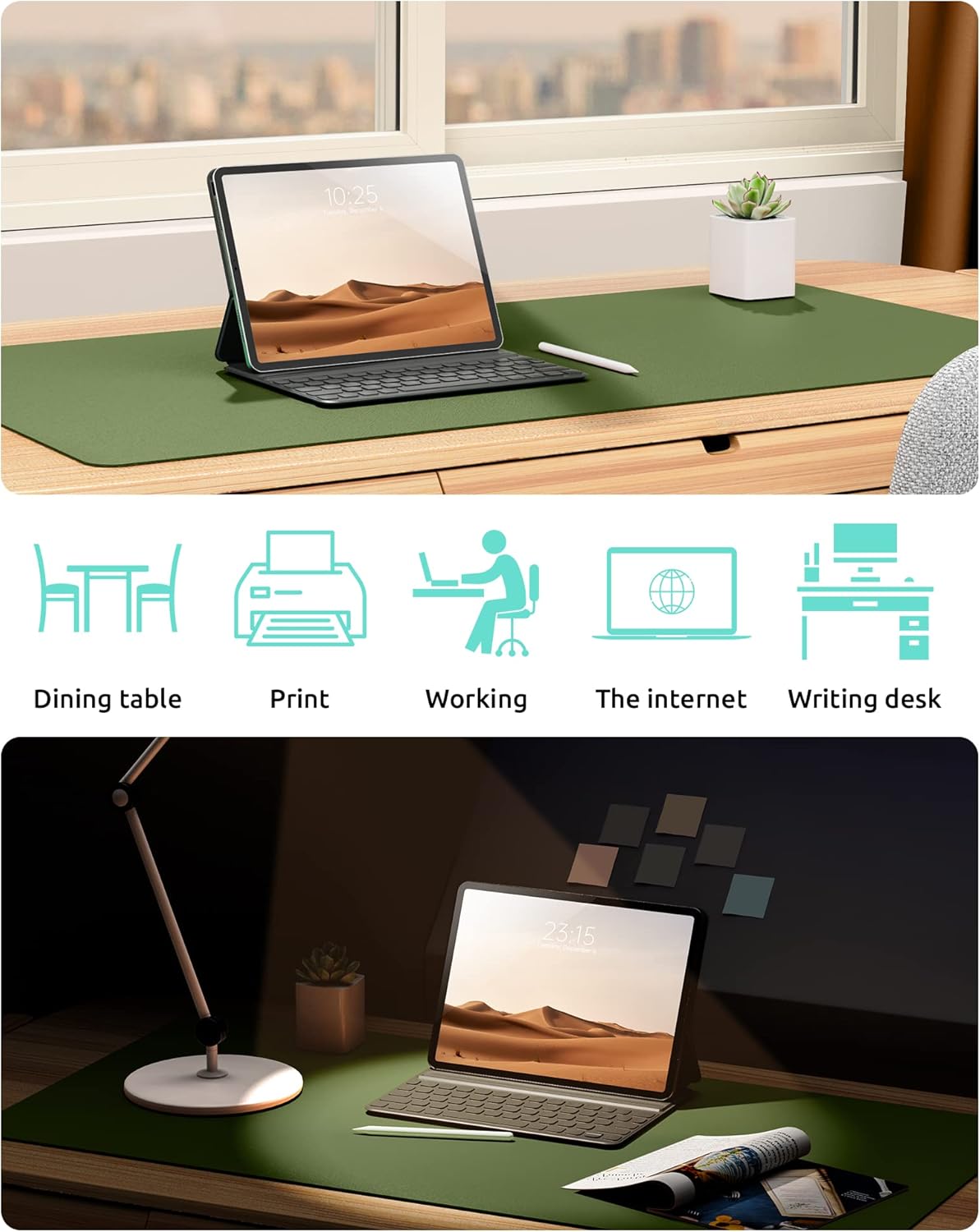 YSAGi Leather Desk Protector, Office Mat, Large Mouse Mat, Non-Slip PU Leather Blotter, Laptop Desk Pad, Waterproof Writing Pad for Office and Home (Green, 23.6" x 13.8")