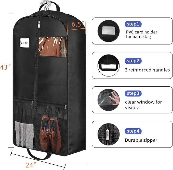 43" Heavy Duty Garment Bags for Travel 6.5" Gusseted Suit Bags for Closet