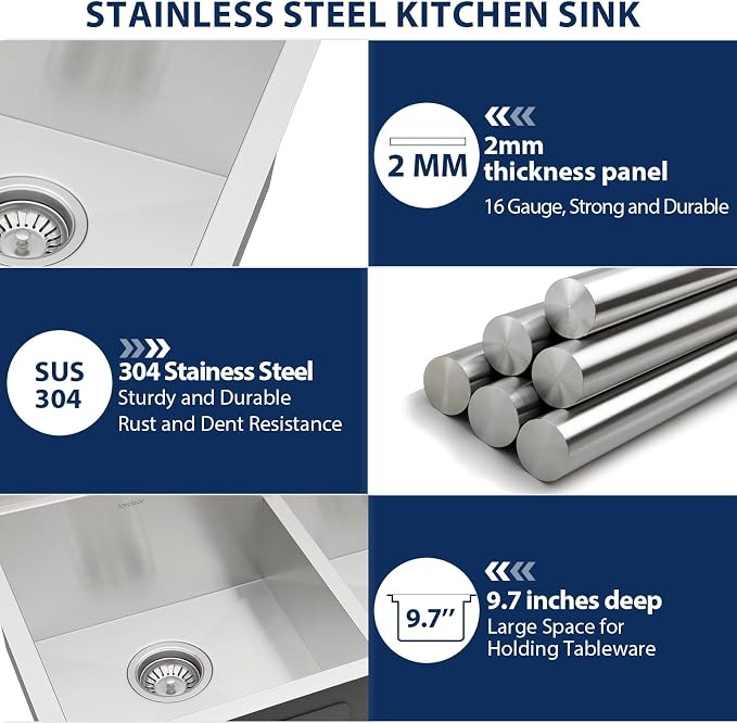 Lordear 36 Inch Undermount Kitchen Sink Double Bowl Stainless Steel Kitchen