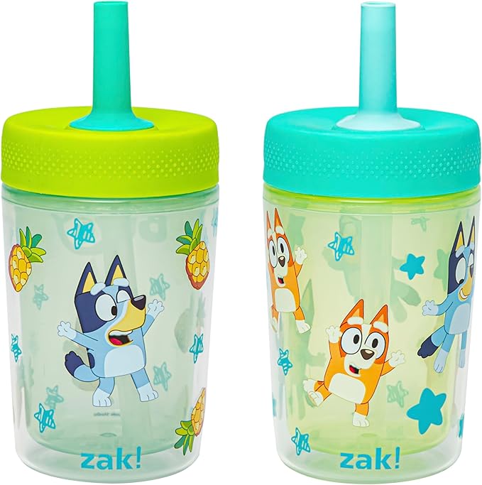 Zak Designs Bluey Capri Toddler Tumblers For Travel or At Home, 9oz 2-Pack Double Wall Plastic Sippy Cups With Leak-Proof Design is Perfect For Kids (Bluey, Bingo)