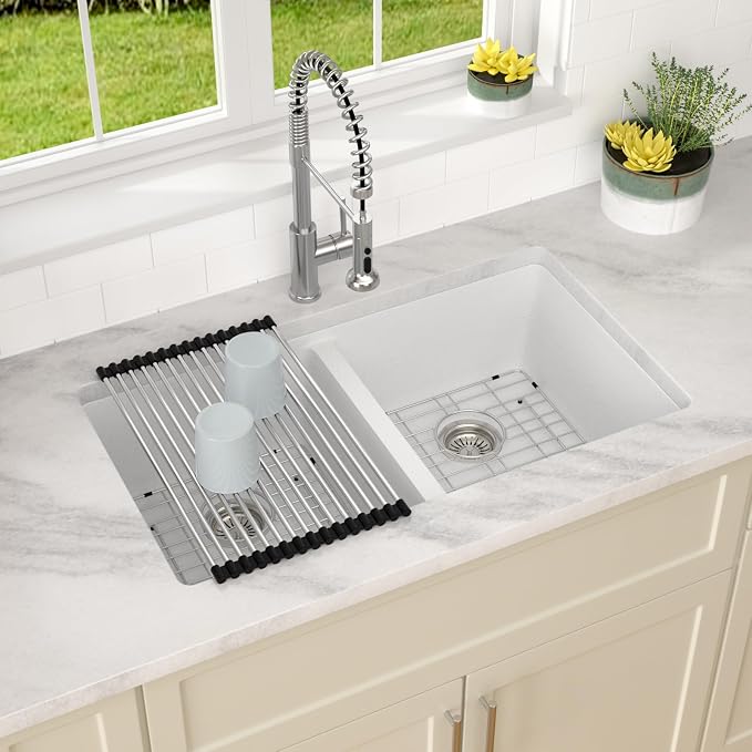 Dcolora 33 Inch Double Bowl Undermount Kitchen Sink White Deep Double Basin