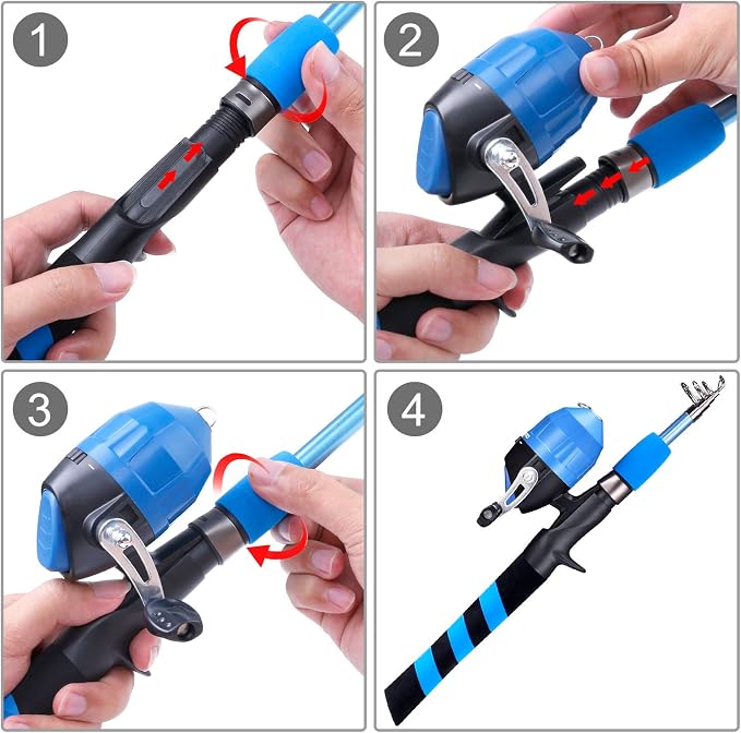 PLUSINNO Kids Fishing Pole, Portable Telescopic Fishing Rod and Reel Combo Kit -