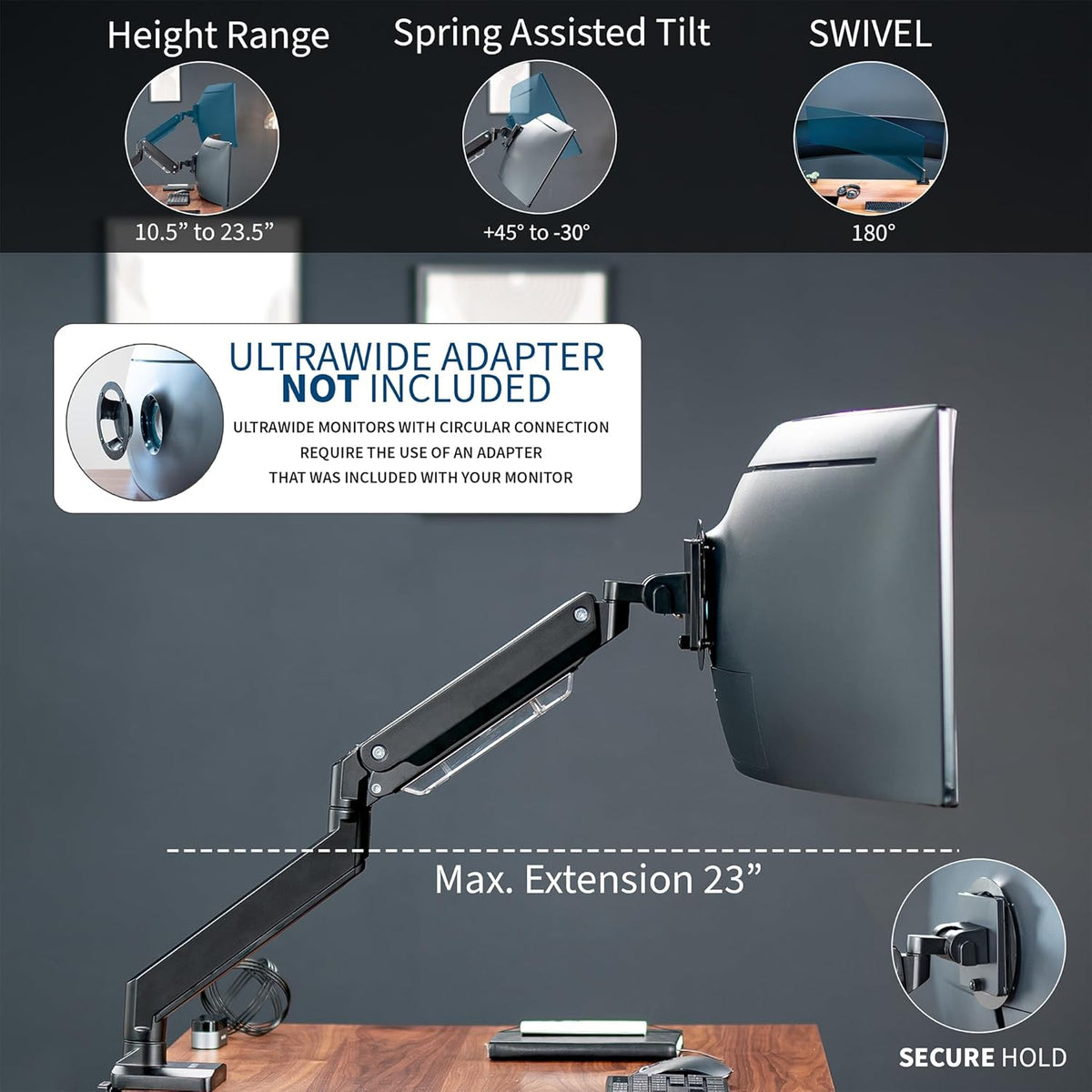 VIVO Premium Aluminum Heavy Duty Monitor Arm with 3.0 USB Ports, Fits Ultrawide Monitors up to 49 inches and 33 lbs, Single Desk Mount Stand, Pneumatic Height, Max VESA 100x100, Black, STAND-V101G1U