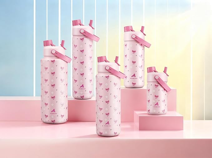 POWCAN 32 oz Insulated Water Bottle with 2-in-1 Straw and Spout Lid, Keep Cold 24H, Leak-Proof, BPA-Free, Double Wall Stainless Steel Water Bottle for Sports, Gym, Travel, Gift, School (Bow Crush)
