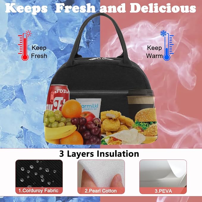 FlowFly Lunch Bag for Women Insulated Lunch Box Corduroy Lunch Tote Cooler for