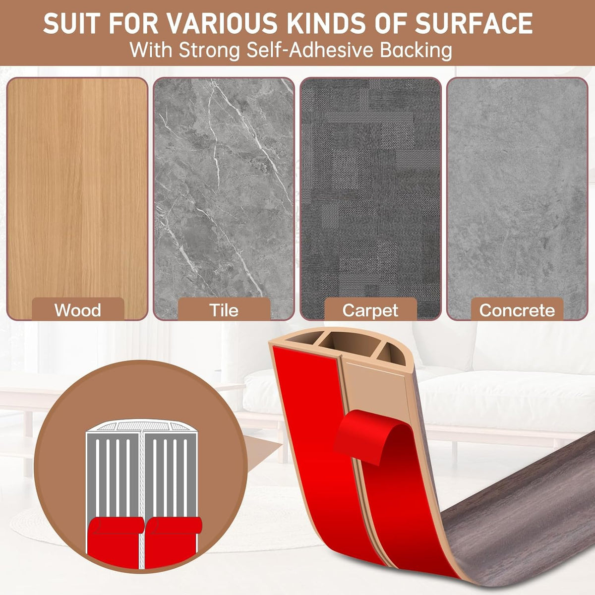 Floor Cord Cover Self Adhesive Cord Hider Floor Extension Cord Covers for Floor Power Cord Protector Cable Management Prevent Cable Trips Cable Cavity 0.47" W x 0.27" H (Brown Walnut Wood, 20Ft)