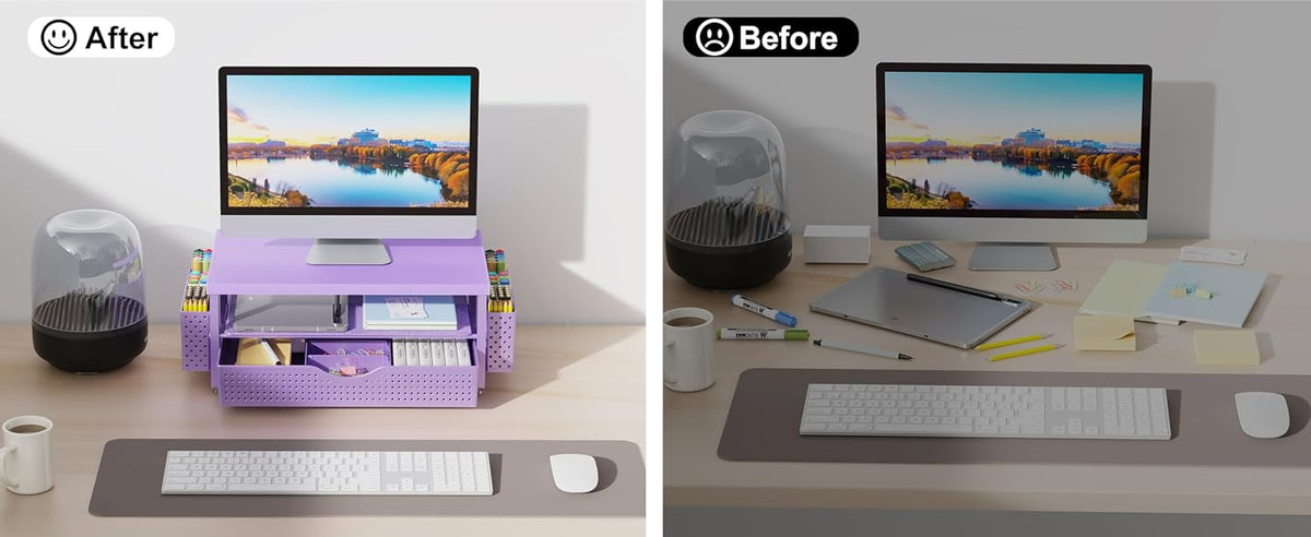 gianotter Wood Monitor Stand Riser, Desk Organizer with Drawer and 2 Pen Holders, 2-Tier Workspace Organizer for Office Supplies (Purple Wood)