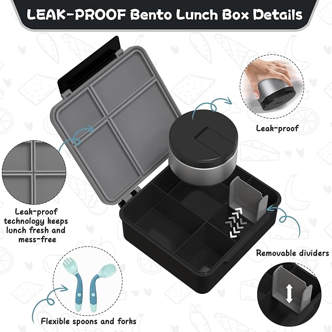 Kids Bento Lunch Box with 8oz Soup Thermo, Kids Leakproof Lunch Food Containers