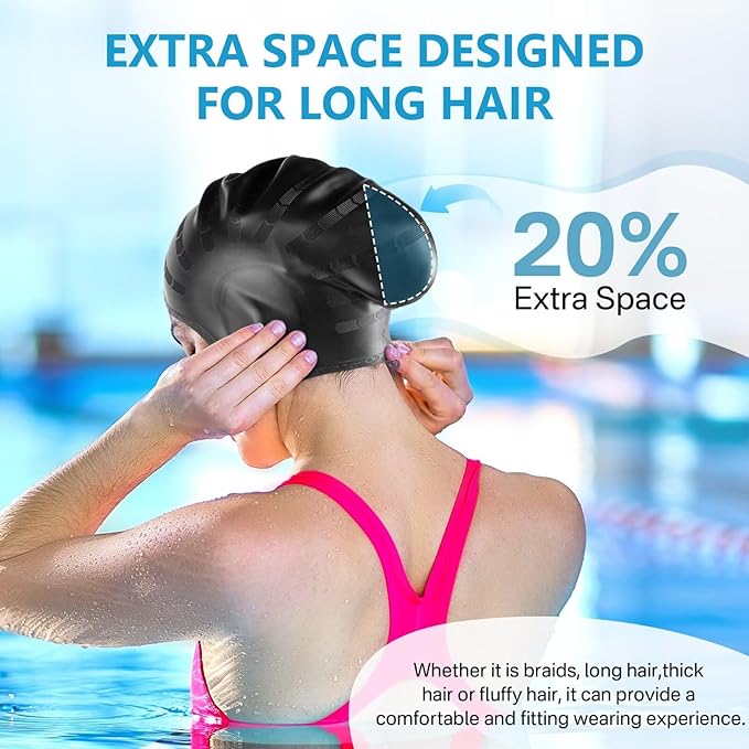 Swim Cap for Long Hair, Silicone Swimming Cap for Adult Women Men with 3D Ear Protection, Waterproof Large Swim Hats Bathing Caps to Keep Hair Dry with Ear Plugs Nose Clip