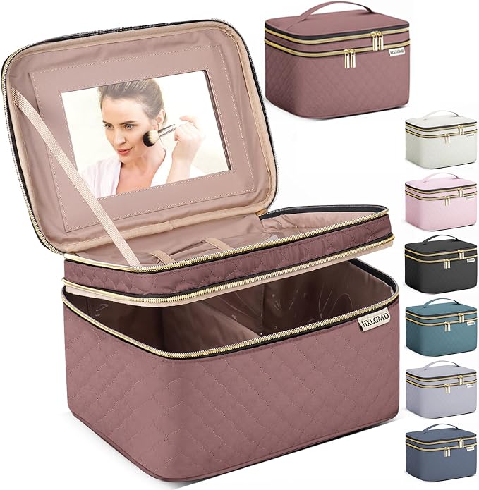 Large Makeup Bag with Mirror Double Layer Travel Make Up Organizer Case