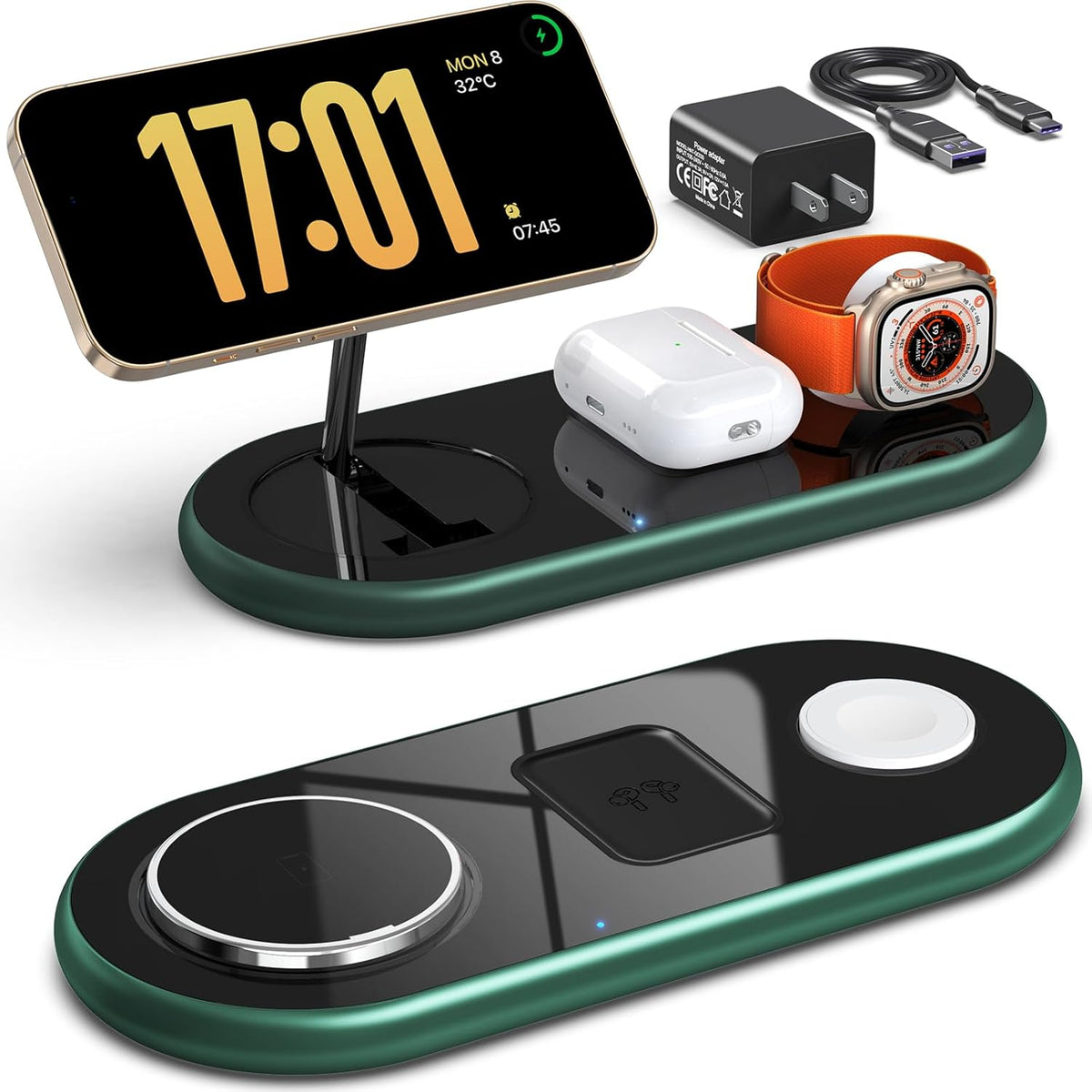 3 in 1 Charging Station for Apple Devices, Faster Mag-Safe Charger Stand, Magnetic Wireless Charger Station for iPhone 16 15 14 13 12 Pro Max Plus, Apple Watch iwacth & AirPods, (Alpine Green)