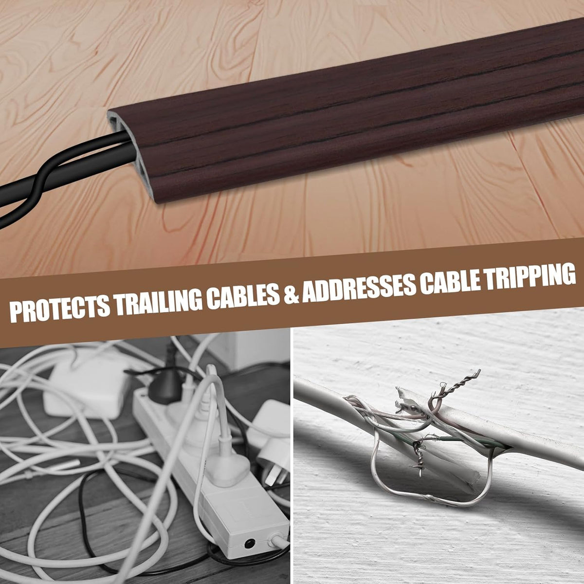 Floor Cord Cover Self Adhesive Cord Hider,3.3FT Cable Management, Extension Strip Protector for Wires, Prevent Cable Trips for Offices, Gyms, Exhibitions Cavity:0.39"(W) x 0.27"(H) Black Wood
