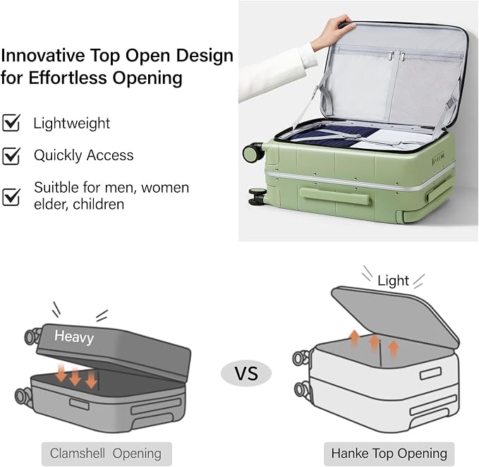 Hanke Top Opening Carry On Luggage, 20 Inch Zipperless Aluminum Frame Wide