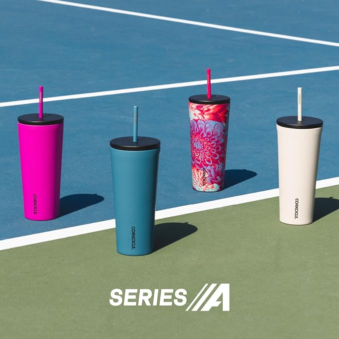 Corkcicle Cold Cup Insulated Tumbler with Straw - Keeps Drinks Cold for 12 Hours - Triple-Insulated Stainless Steel - Leak-Resistant Lid - Summer Drinkware Gift - 24 oz - Sun-Soaked Pink