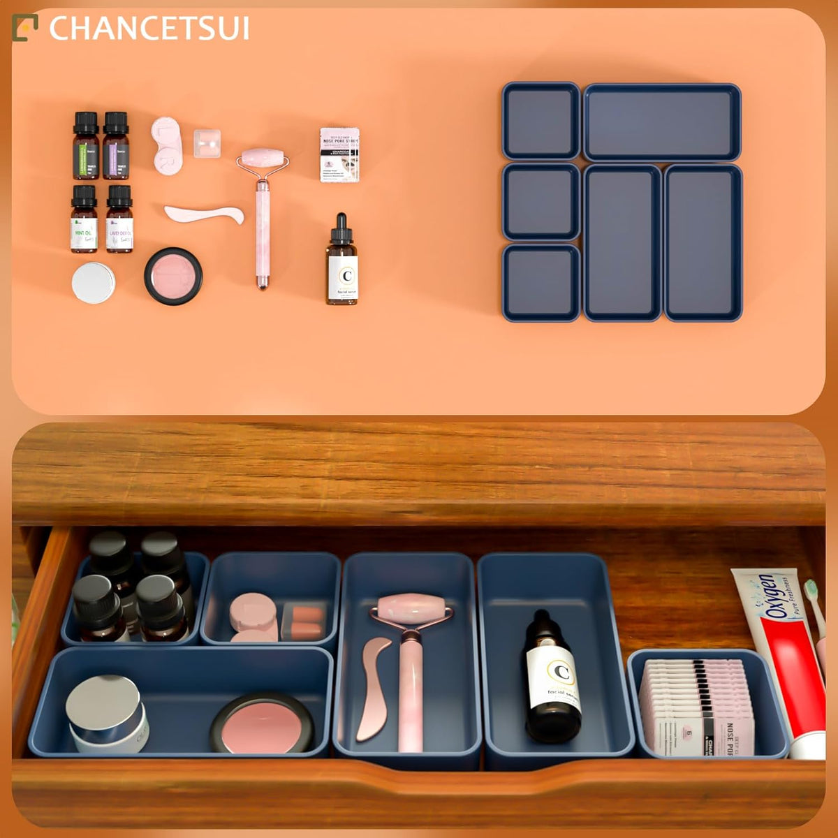 6 Pcs Stackable Drawer Organizer Set Desk Drawer Dividers, Bathroom Vanity Cosmetic Makeup Trays , Multipurpose Plastic Storage Bins for Jewelries, Kitchen Gadgets and Office Accessories, Blue