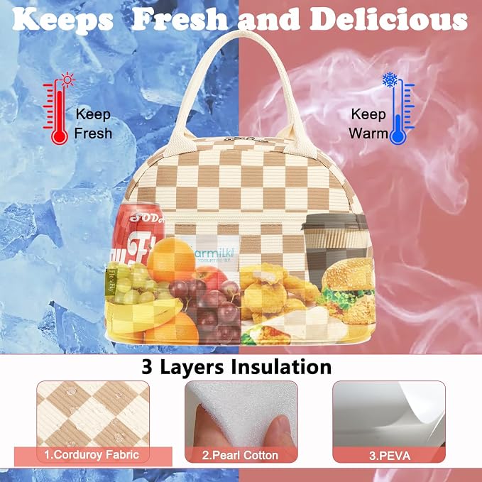 FlowFly Lunch Bag for Women Insulated Lunch Box Corduroy Lunch Tote Cooler for
