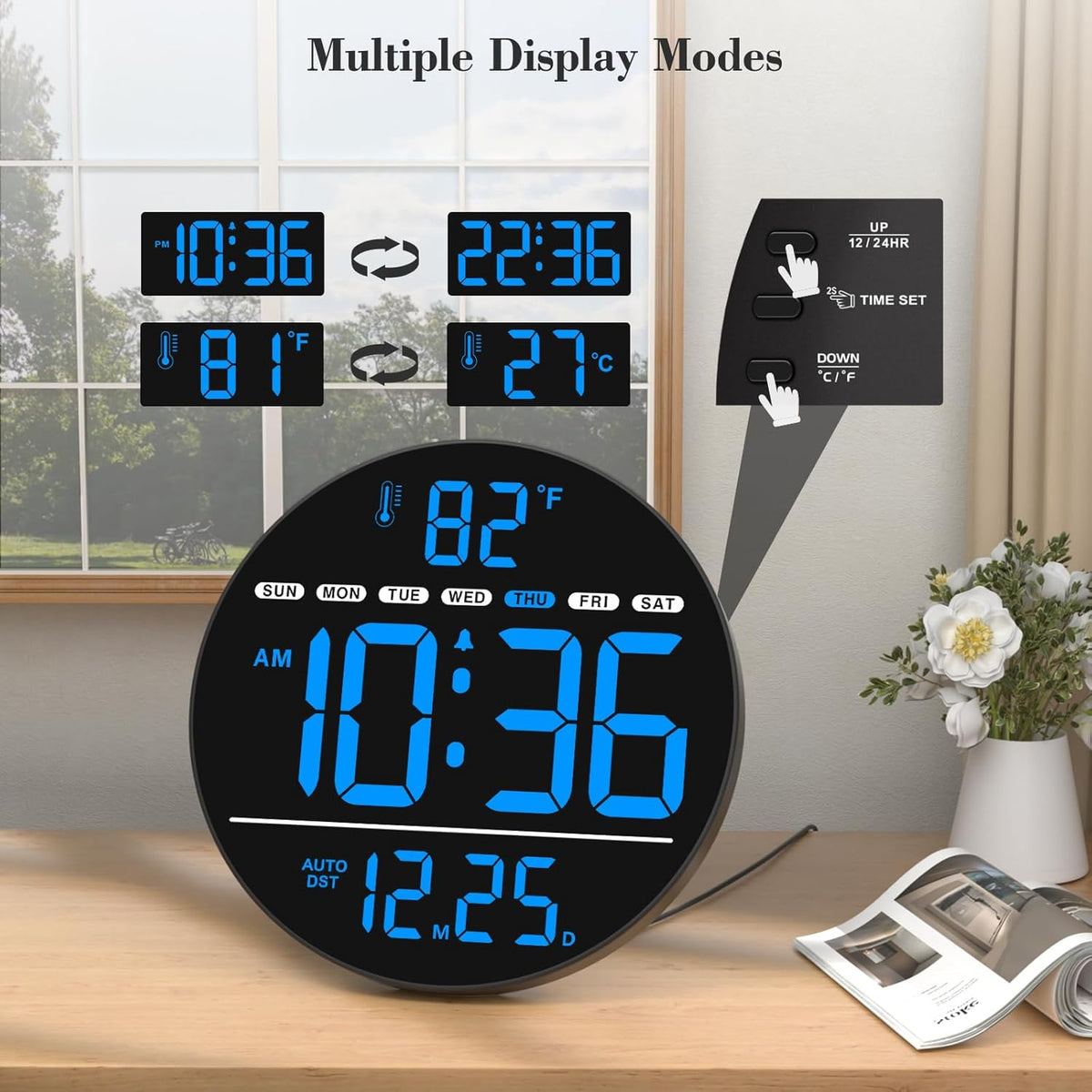 WallarGe Large Digital Wall Clock with LED Display, Electric Wall Clock with Temperature, Auto DST, Date, and Day, 5-Level Brightness for Office, Bedroom, Living Room, Classroom Décor