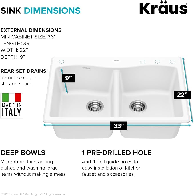 KRAUS Forteza 33-inch Granite Drop In/Undermount 50/50 Double Bowl White