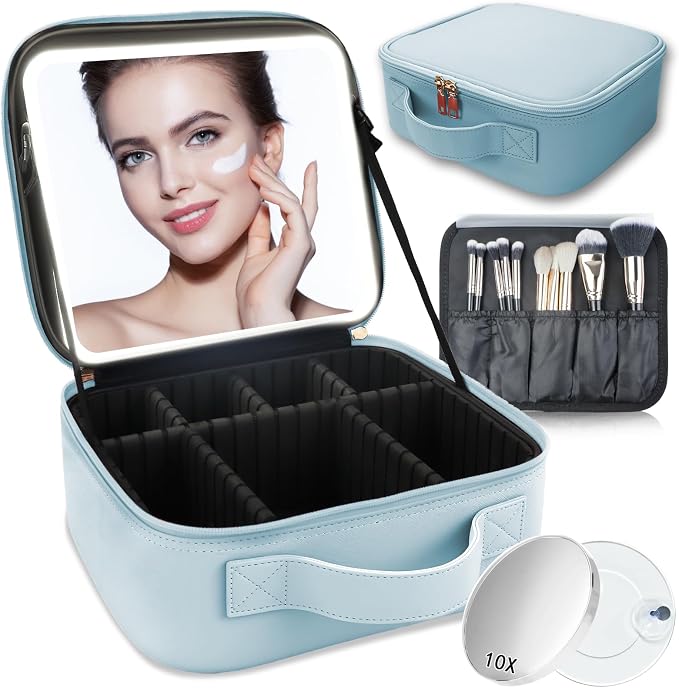 Makeup Bag with Led Mirror, Travel Makeup Organizer with 3 Color Setting & 10X