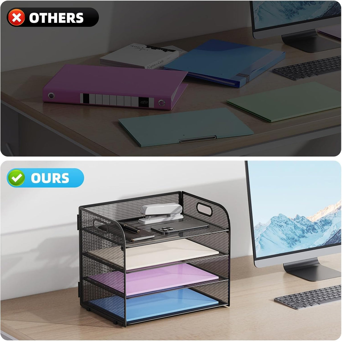 Marbrasse 2 Pack 4 Tier Paper Organizer Letter Tray - Mesh Desk File Organizer with Handle, Paper Sorter Organizer for Letter/A4 Office File Folder Holder (Black, 12.6" x 9.1" x 10.7")