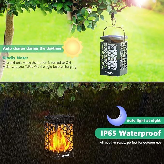 TomCare Solar Lanterns Outdoor Upgraded Flickering Flame Waterproof Hanging