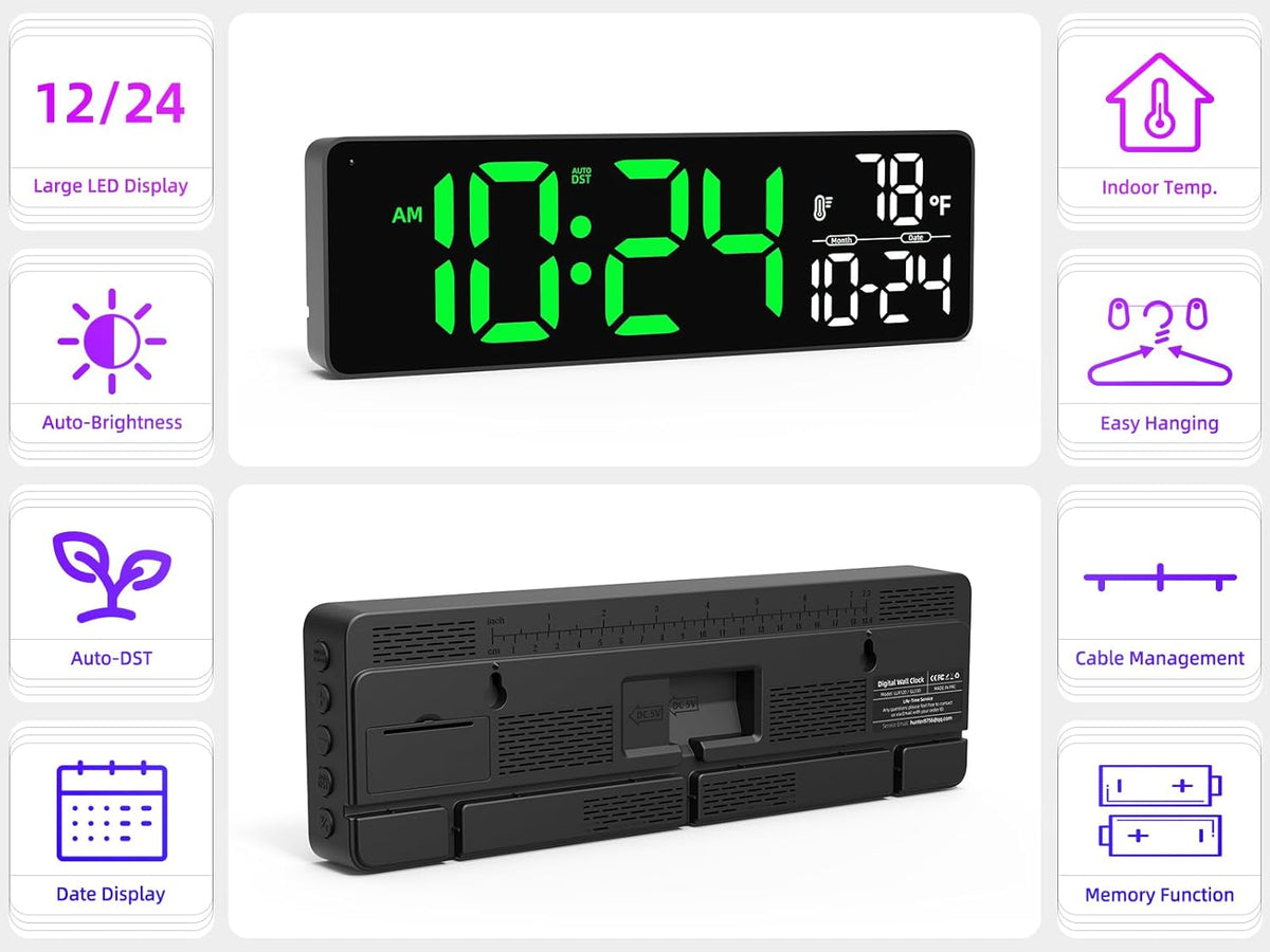 Large LED Digital Wall Clock with Date, Temperature, Auto-Brightness, Auto-DST | Big Digital Clock for Bedroom, Desk, Classroom, Living Room, Kitchen, Office, Gym, Farmhouse, Xmas Gift for Seniors
