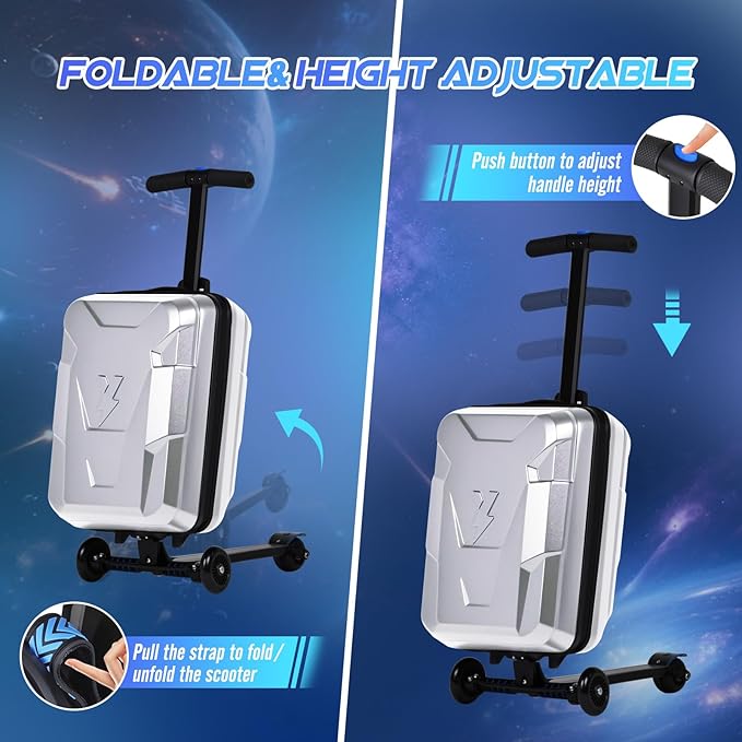 Scooter Suitcase for Kids & Adults, Foldable Carry On Travel Luggage, Hardside