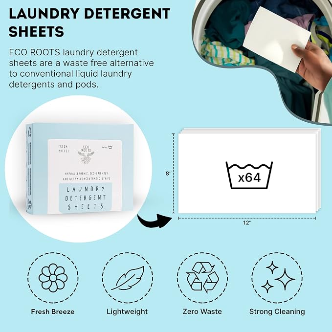 Eco Roots Laundry Detergent Sheets – 64 Loads Eco-Friendly Fresh Breeze Laundry