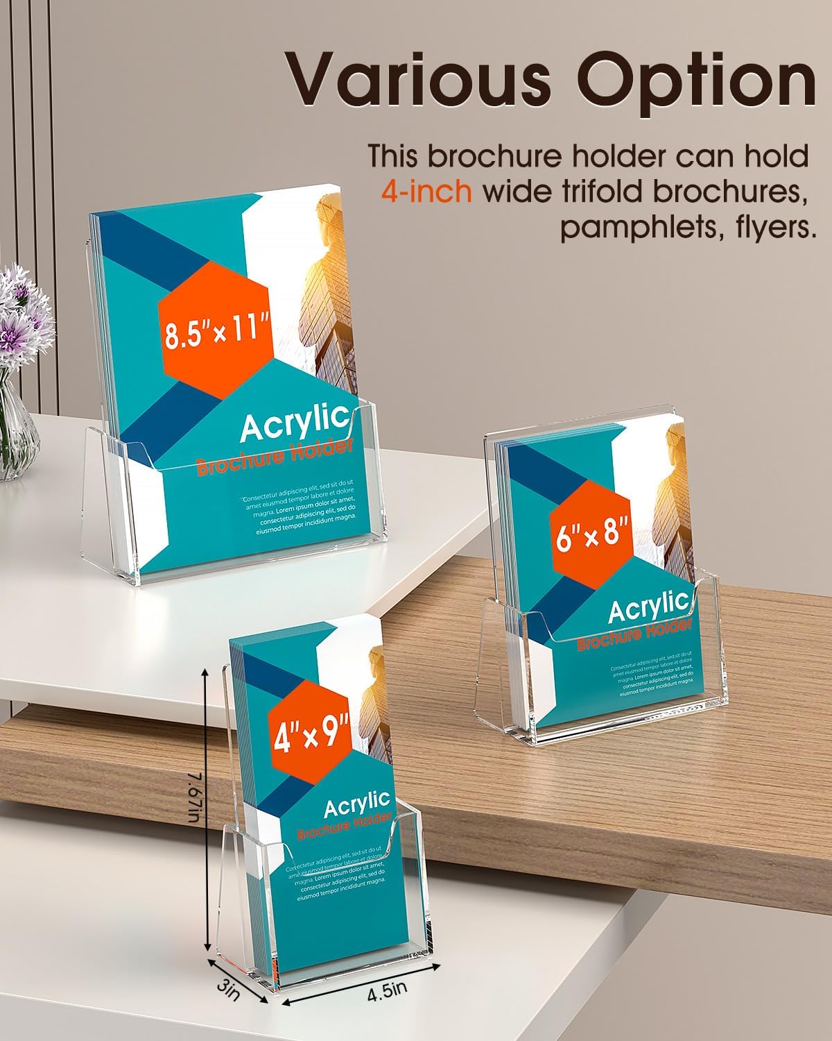 MaxGear Brochure Holder 6 Pack, 4 Inches Wide Acrylic Display Stand Clear Pamphlet Holders Flyer Holder Rack Card Holders Countertop/Desk Organizer for Trifold, Booklet, Literature, Magazine
