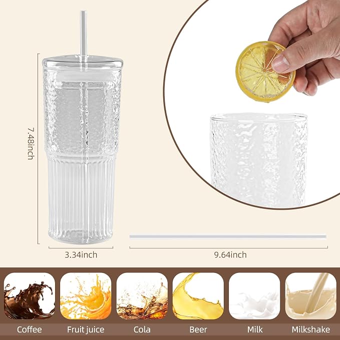 20oz Glass Cups With Glass Lids and Straws, High Borosilicate Iced Coffee Cups, Reusable Glass Tumblers for Coffee, Tea, Juice, Smoothies, Hot/Cold Drinks at Home, Office - 4 Packs