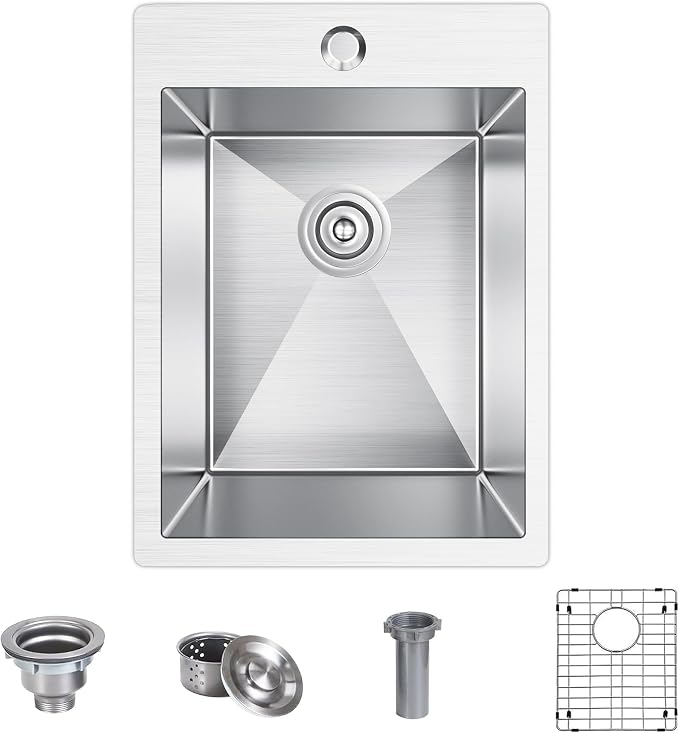 15x20 inch Drop in Bar Sink, 15 inch Small Kitchen Sink 18 Gauge Single Bowl