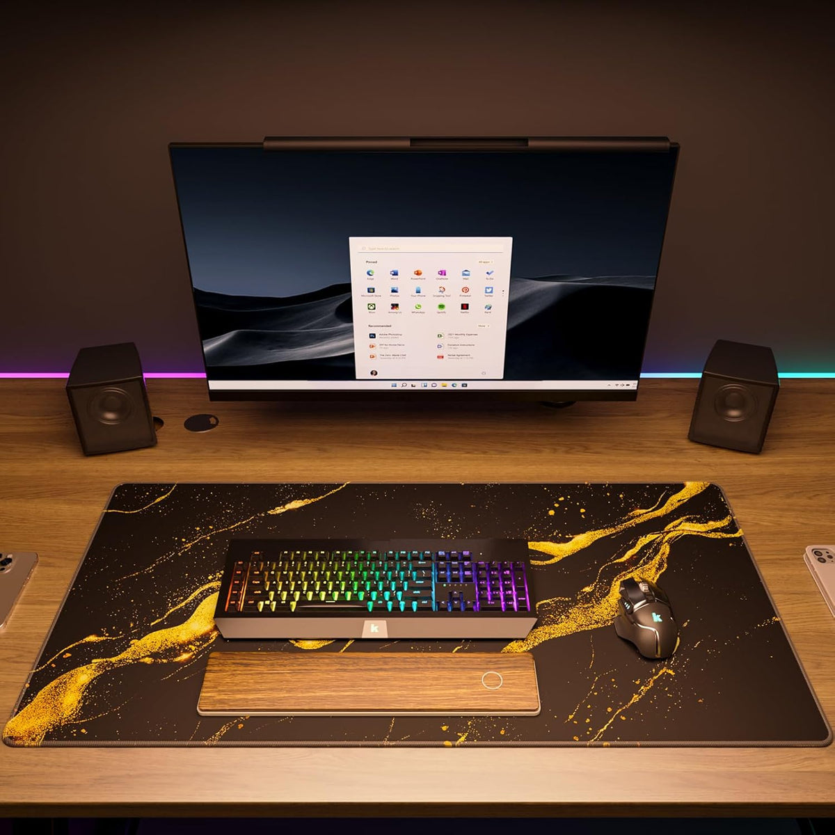 KTRIO Large Gaming Mouse Pad with Stitched Edges, Extended Mousepad with Superior Micro-Weave Cloth, Non-Slip Base, Water Resist Keyboard Pad for Gamer, Office & Home, 31.5x15.7in, Black Gold